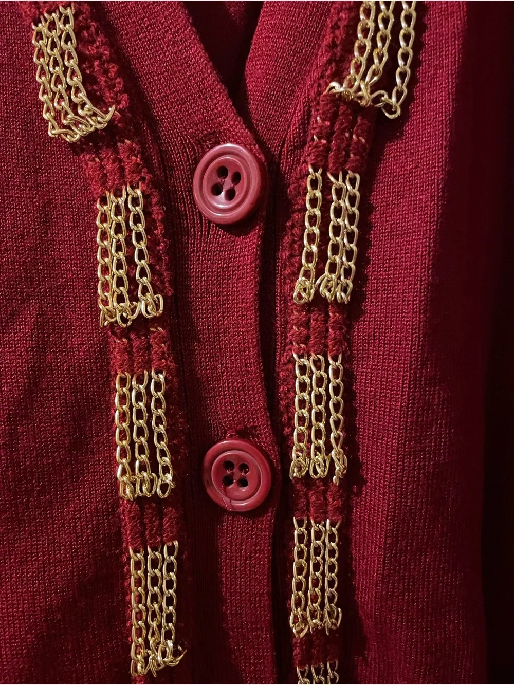 Red gold chain embellished cardigan NWOT but brand and size is missing L/XL??